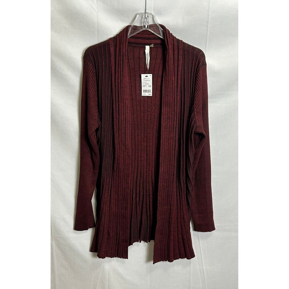 NY Collection Womens Ribbed Open Front Cardigan Burgundy Shawl Collar XL New